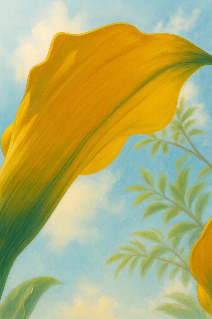 青空を背景にした黄色いカラーの花びらを下から見上げる構図のイラスト