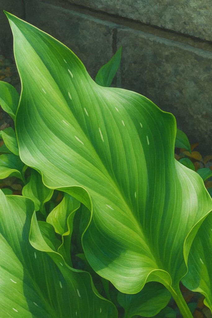 光を浴びたカラーの大きな緑色の葉をリアルに描いたイラスト