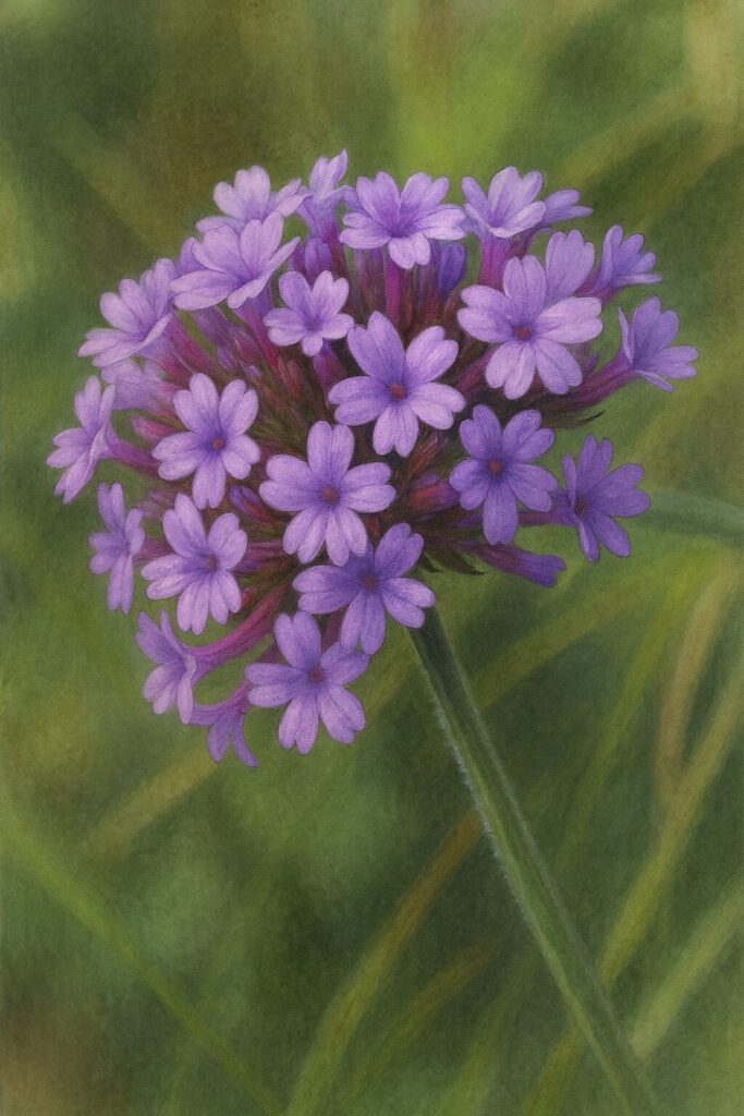 斜め上から見たヤナギハナガサの花房を描いた精密イラスト