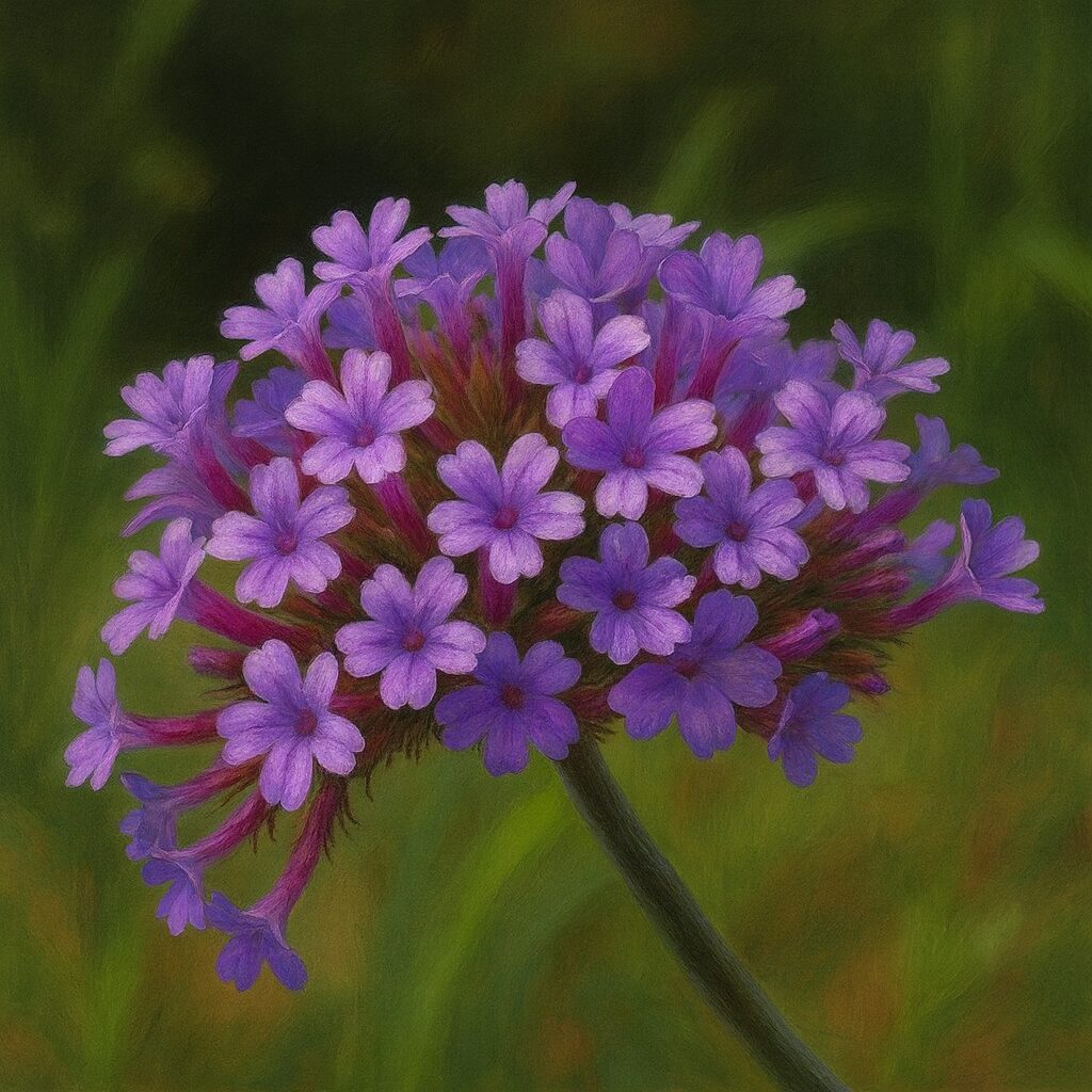 正面寄りに捉えたヤナギハナガサの丸い花房のクローズアップイラスト