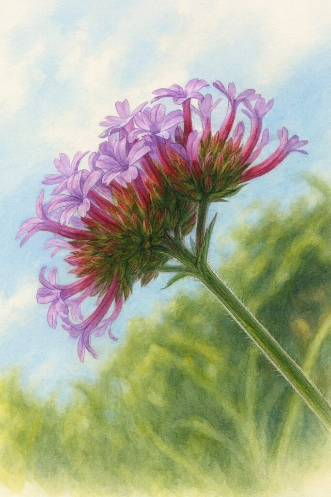 青空を背景に横から見上げたヤナギハナガサの花房イラスト