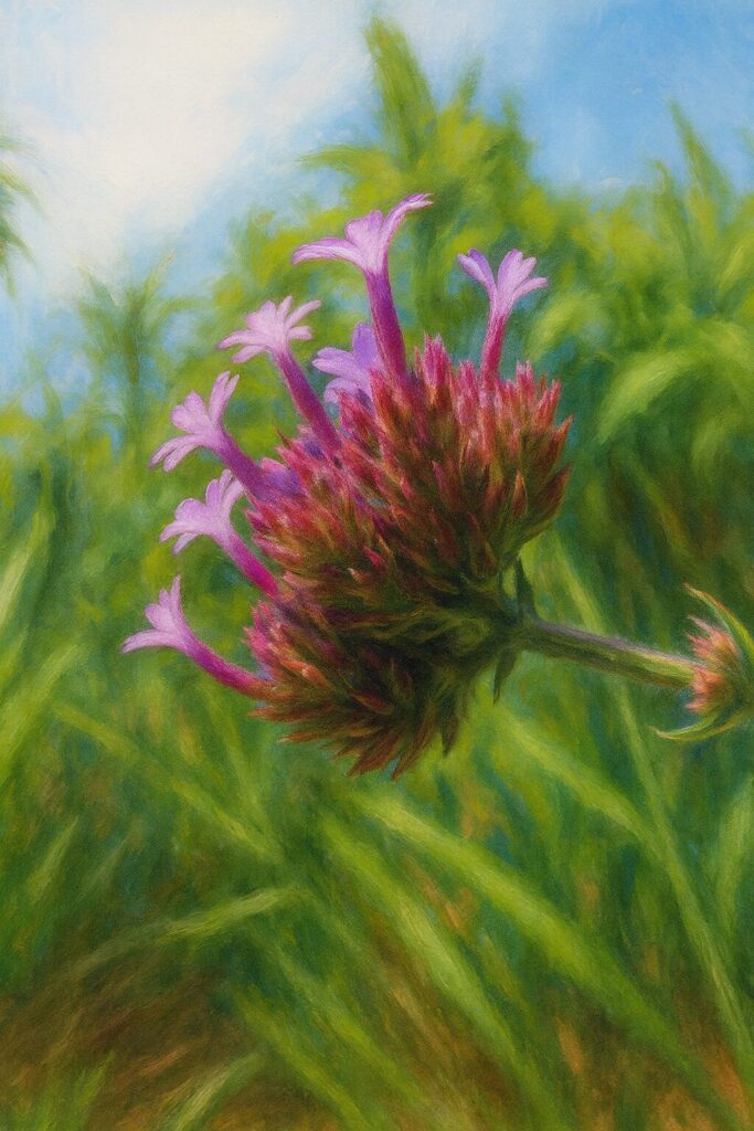 側面から見た筒状花が伸びる花頭を描いたヤナギハナガサの接写イラスト