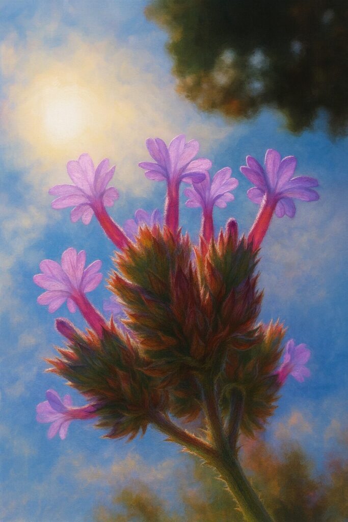 逆光で空に向かう小花を見上げたヤナギハナガサのイラスト