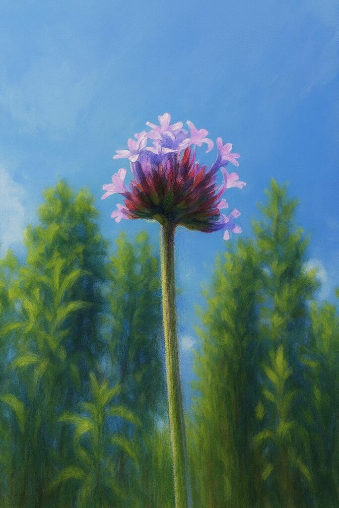 細い花茎が青空へ伸びるヤナギハナガサの全体像イラスト