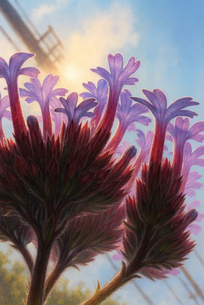 逆光シルエット気味の小花を見上げ構図で描いたヤナギハナガサ