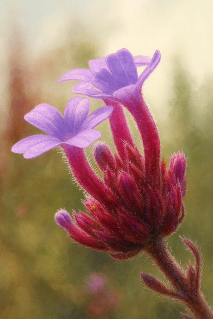 数輪の筒状花が上向きのヤナギハナガサを描いたクローズアップ