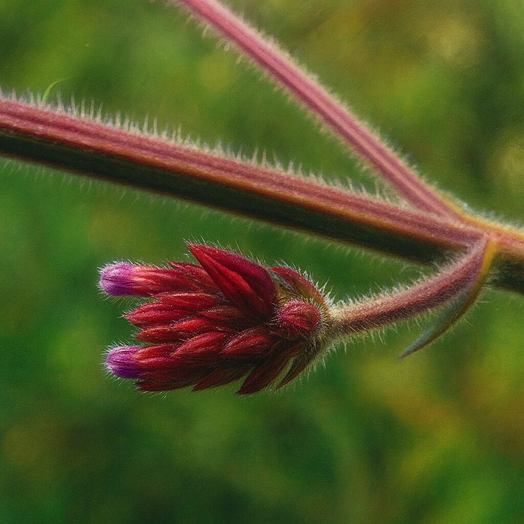 赤紫の蕾と有毛の花柄を描いたヤナギハナガサの精密イラスト