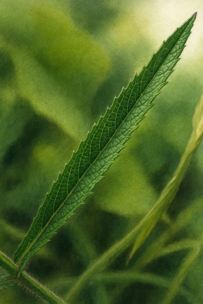 細長い鋸歯葉を描いたヤナギハナガサのボタニカルイラスト