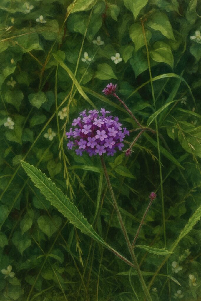 草むらの自生環境に咲くヤナギハナガサの全体風景イラスト