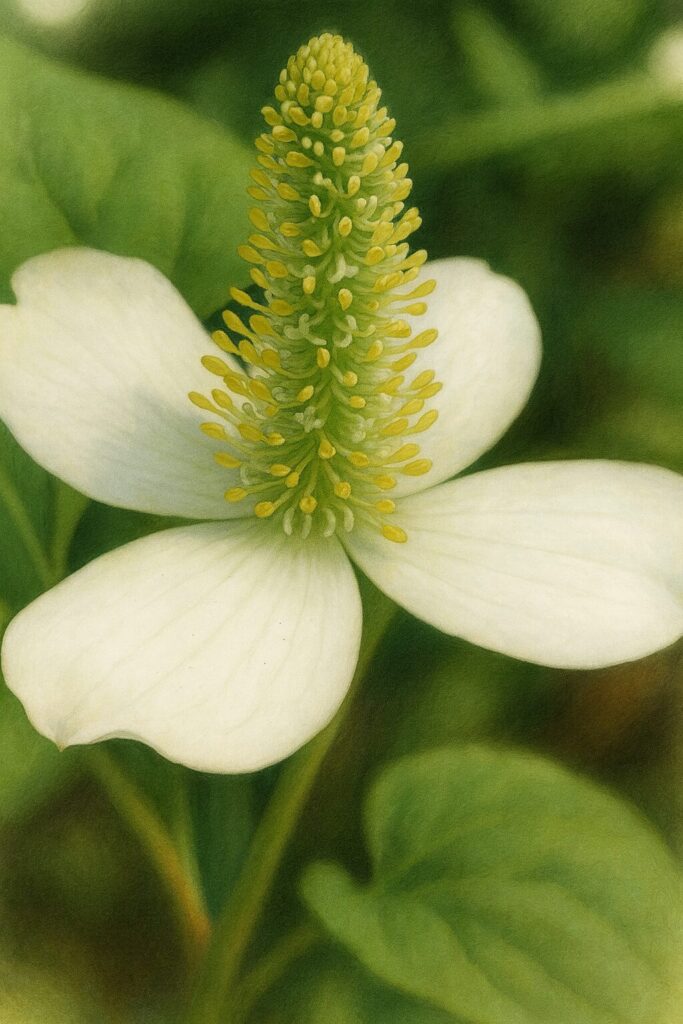 初夏に咲くドクダミの白い花と黄色い花穂を描いたリアルな植物画
