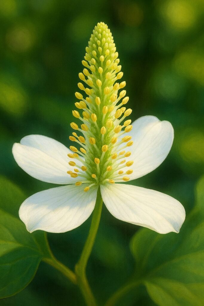 緑の葉に囲まれたドクダミの白い花を正面から描いた植物画