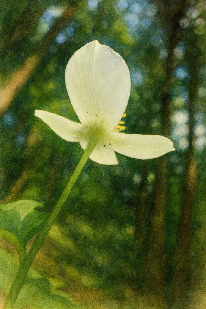 森の中で下から見上げたドクダミの花を描いたイラスト