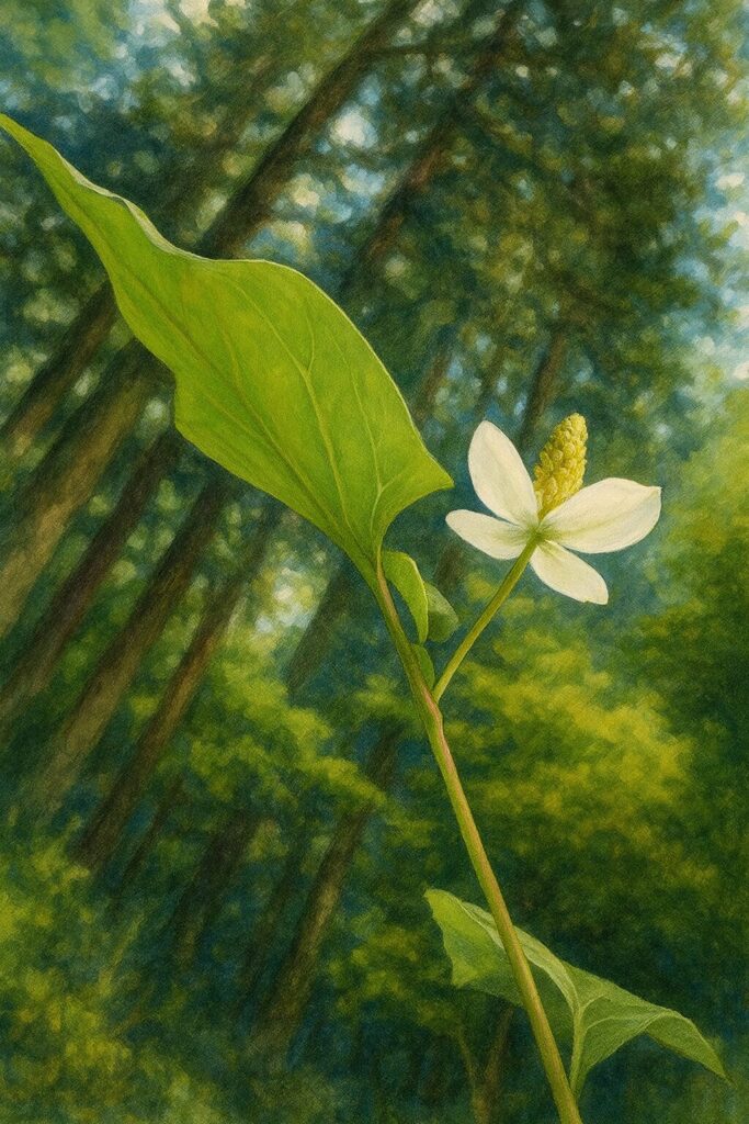 林床で咲くドクダミの花と大きな葉を描いたリアル植物画