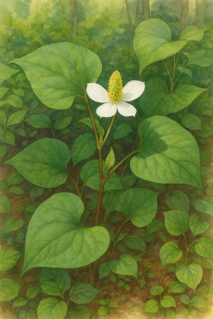 群生するドクダミの花と葉を自然風景として描いた植物画