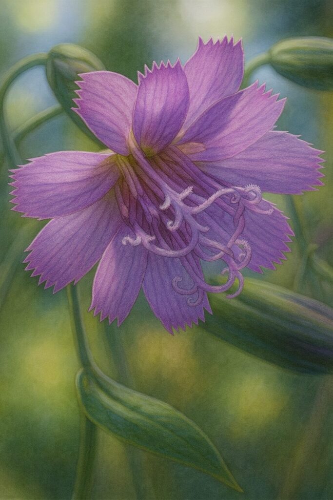 森林の木漏れ日を背景に咲くムラサキニガナの花を精密に描いたイラスト