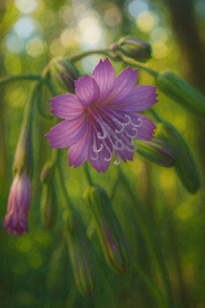 複数の蕾と共に咲くムラサキニガナの花を正面から描いた植物画イラスト