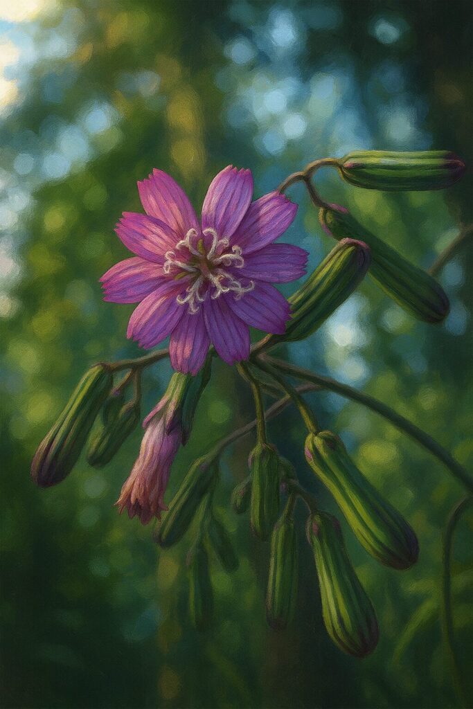 森林内で伸びるムラサキニガナの花茎と蕾の群れを描いたイラスト作品