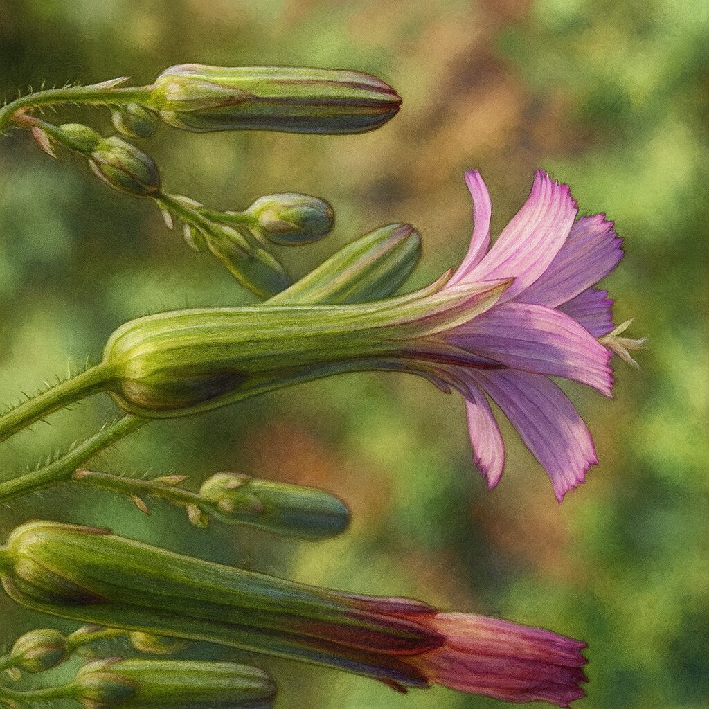 横から見たムラサキニガナの花と蕾を詳細に描いた植物イラスト