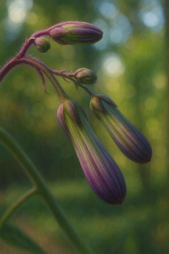 森の中で咲く前のムラサキニガナの蕾をリアルに描いたイラスト