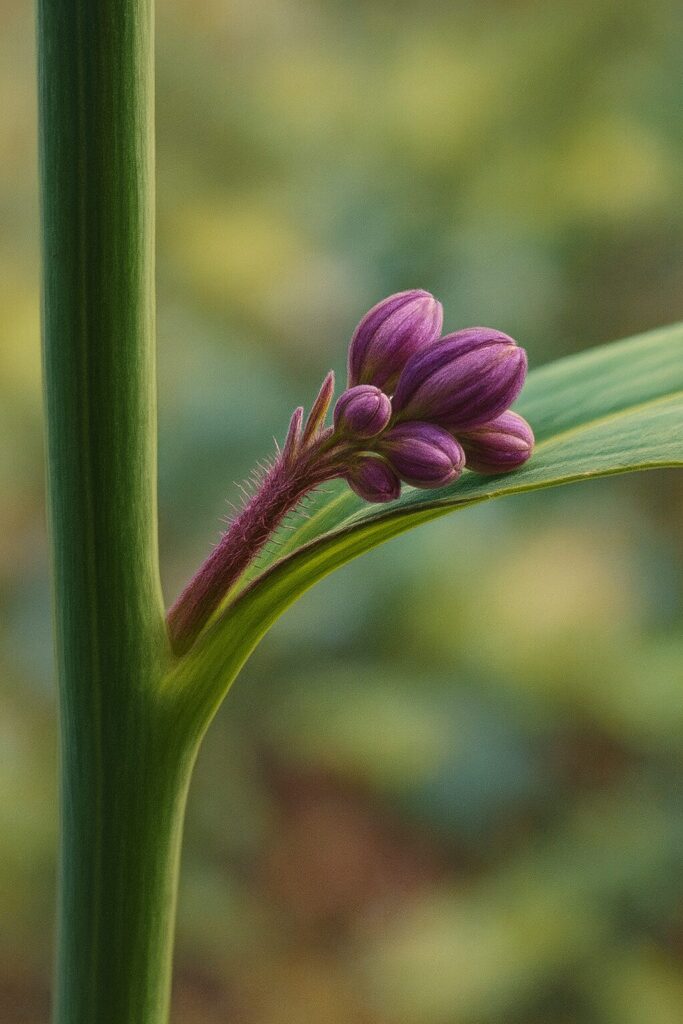 葉の付け根に小さな蕾をつけたムラサキニガナの茎を描いた精密イラスト