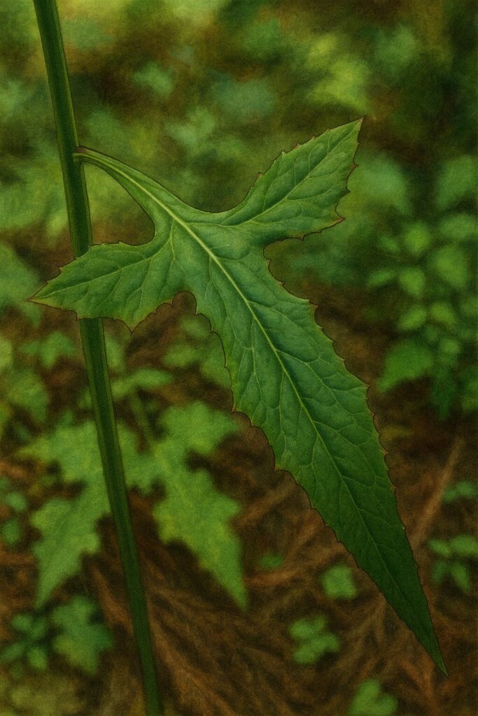 ギザギザの切れ込みがあるムラサキニガナの葉を細部まで描いた植物画イラスト