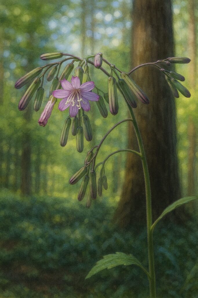 森林を背景に全体像を描いたムラサキニガナの花と蕾の植物イラスト