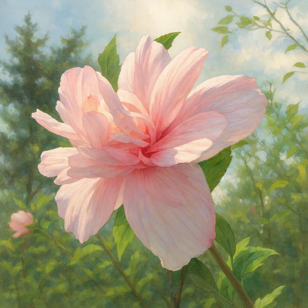 日本の夏に咲く淡いピンク色のムクゲの花を描いたプロ風イラスト