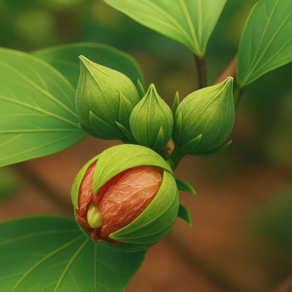 日本の夏に咲くムクゲの蕾がほころび始める様子を描いたプロ風イラスト