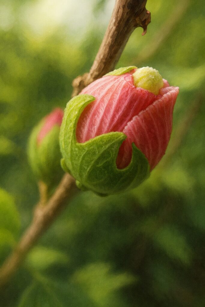 日本の夏に咲くムクゲの蕾が開花直前の姿を描いたプロ風イラスト