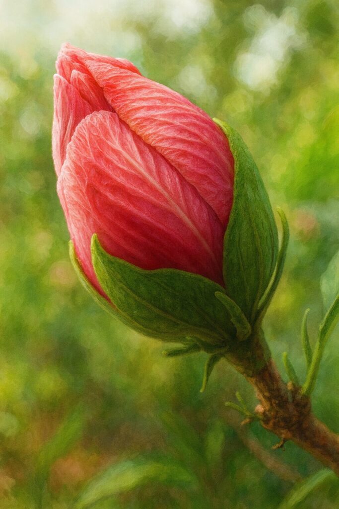 日本の夏に咲くムクゲの蕾が今にも花開こうとする瞬間を描いたプロ風イラスト