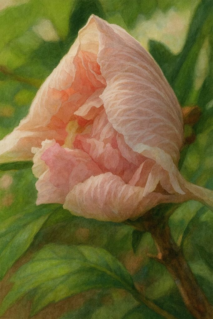 日本の夏に咲くムクゲの淡いピンク色の花が開き始める様子を描いたプロ風イラスト