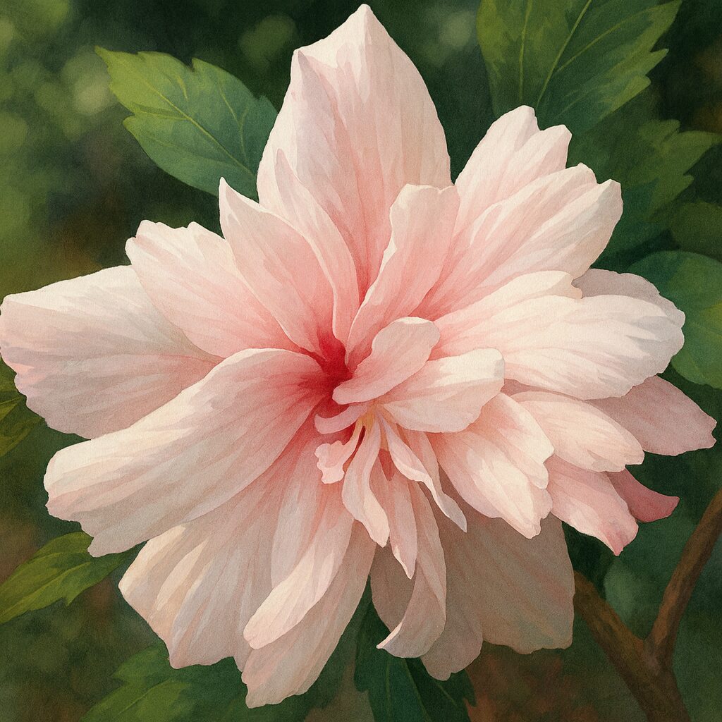 日本の夏に咲く淡いピンク色のムクゲの花を描いたプロ風イラスト