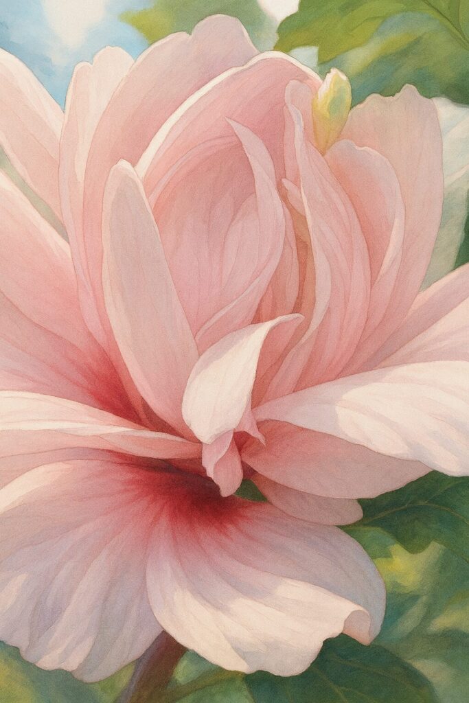 日本の夏に咲く淡いピンク色のムクゲの花を細部まで描いたプロ風イラスト