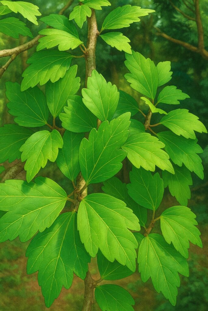 日本の夏に茂るムクゲの緑色の葉を描いたプロ風イラスト