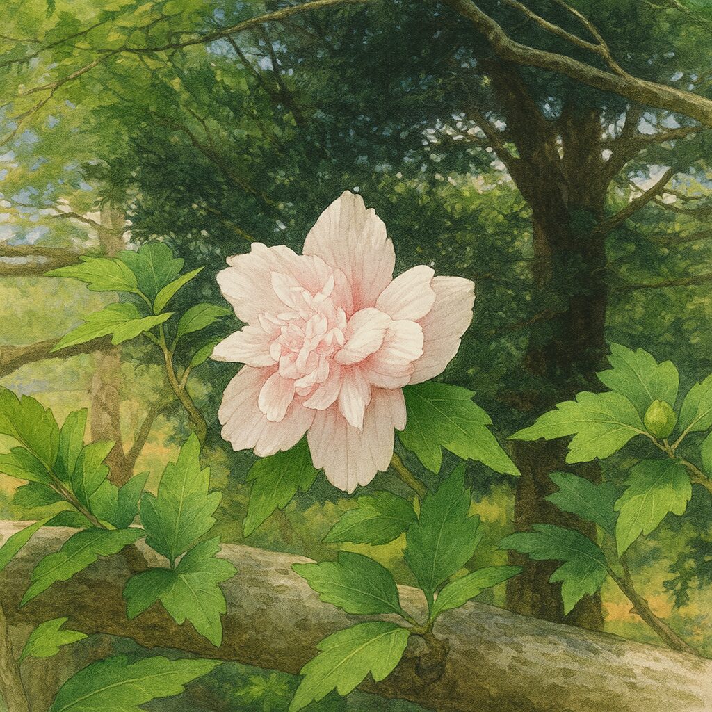 日本の夏に咲く淡いピンク色のムクゲの花と緑の葉を枝に描いたプロ風イラスト