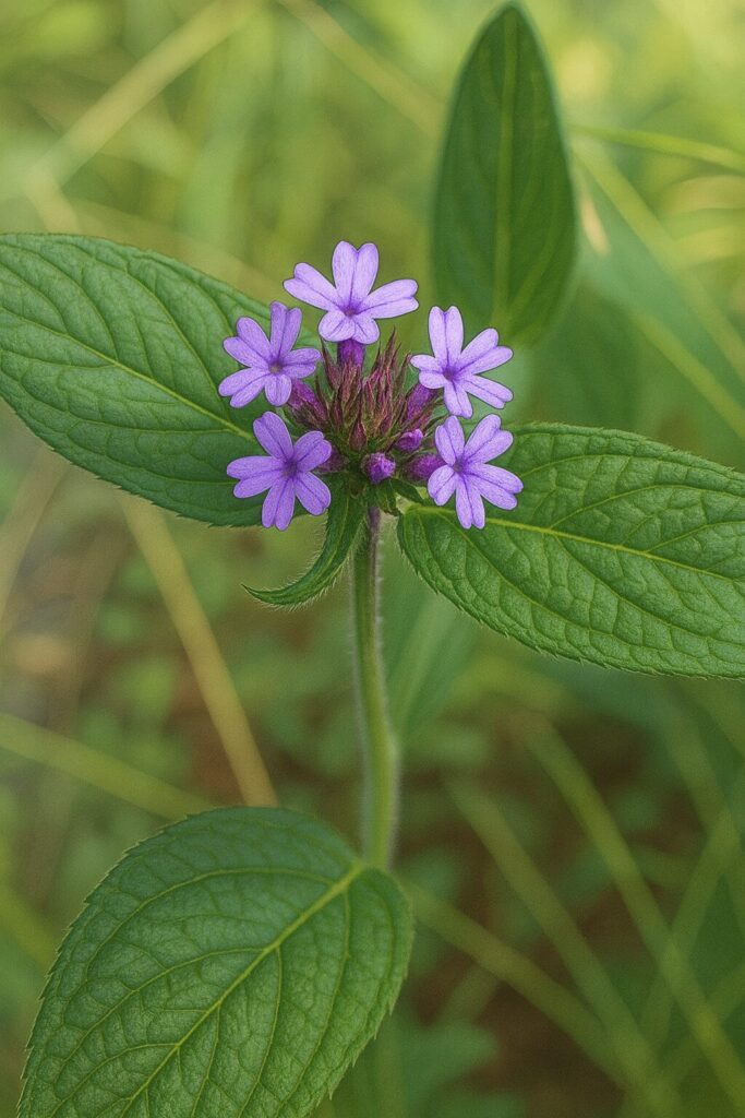 日本の秋に咲くヤナギハナガサを描いた植物イラスト。紫色の小花が穂状に集まり、細長い葉が広がる姿をリアルに表現。