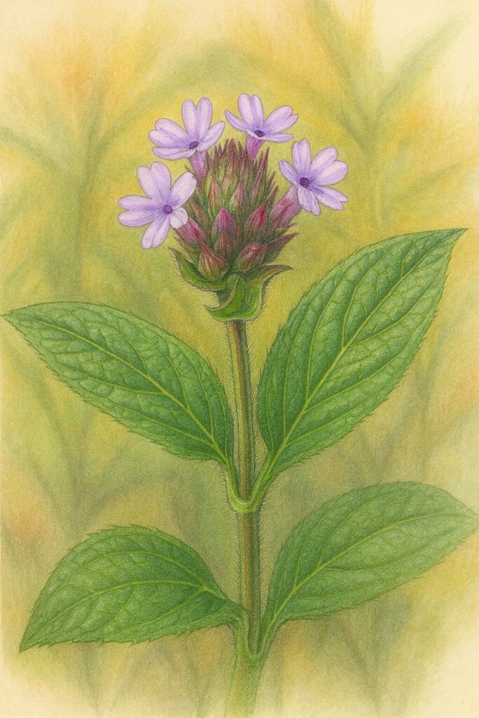 日本の秋に咲くヤナギハナガサを描いた植物イラスト。紫色の小花が穂状に咲き、緑の葉と茎の質感を繊細に表現したリアルな描写。