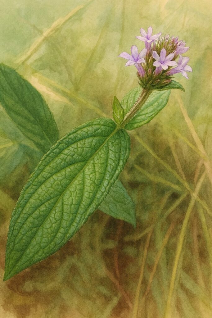 日本の秋に咲くヤナギハナガサを描いた植物イラスト。紫色の小花と質感のある緑の葉をリアルに表現し、自然背景と調和した構図。