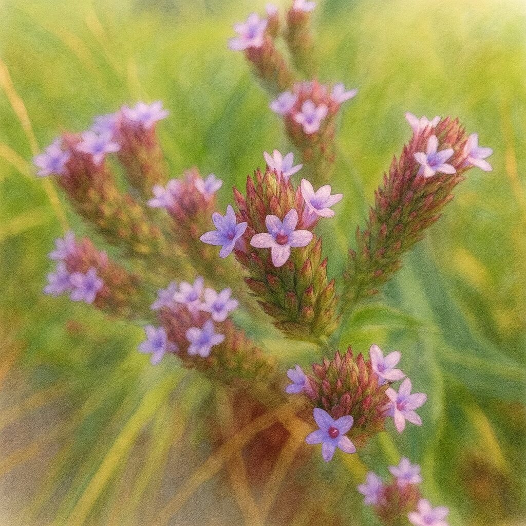 日本の秋に咲くヤナギハナガサを描いた植物イラスト。紫色の小花が穂状に咲き、柔らかな背景の中で立体的に表現されたリアルな描写。