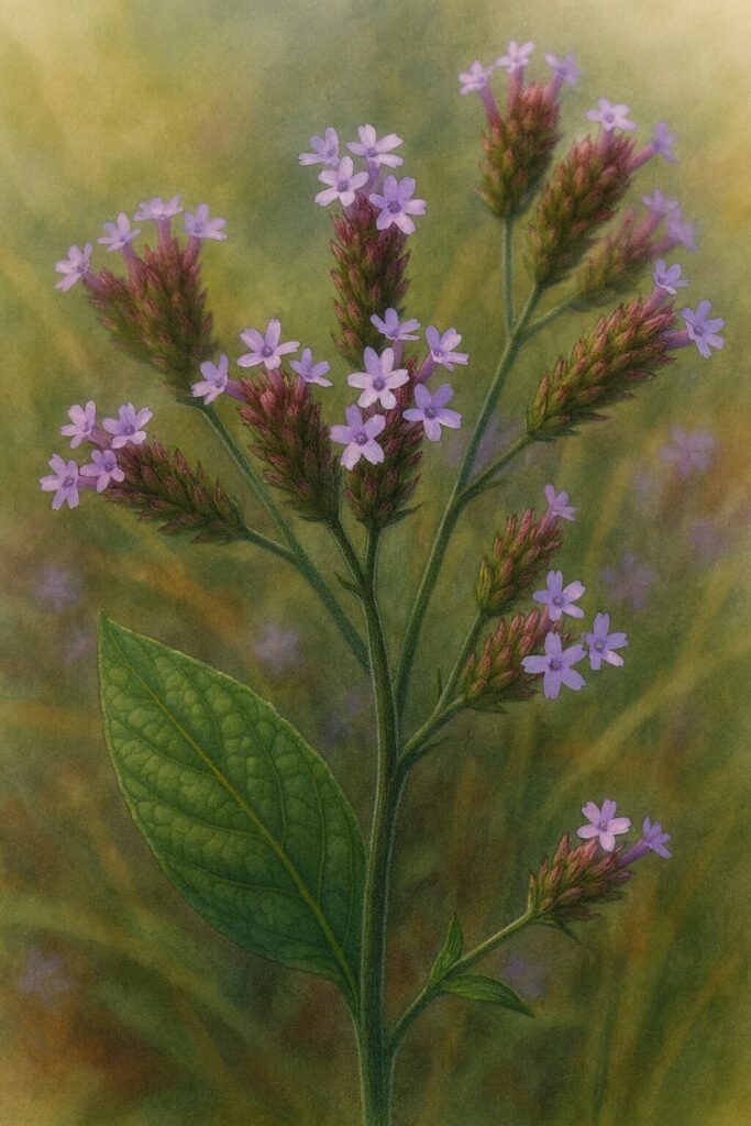 日本の秋に咲くヤナギハナガサを描いた植物イラスト。枝分かれした茎に紫色の小花が穂状に咲き、柔らかな背景でリアルに表現された構図。