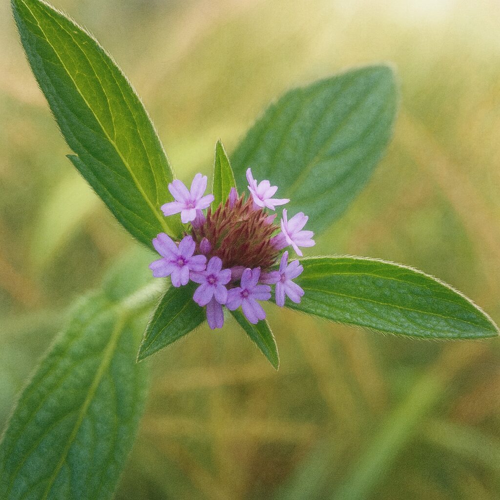 日本の秋に咲くヤナギハナガサを描いた植物イラスト。紫色の小花と緑の葉を繊細でリアルに表現し、柔らかな背景で自然な雰囲気を演出。