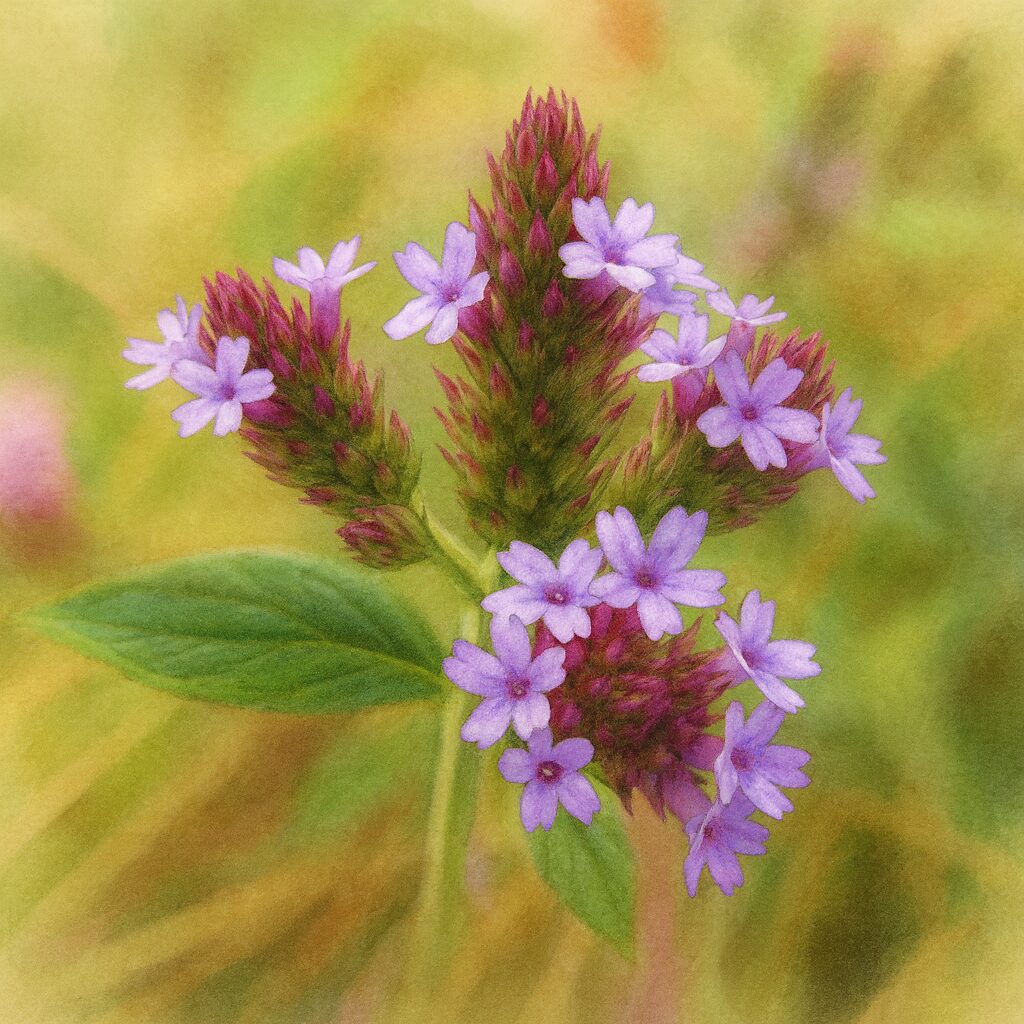 日本の秋に咲くヤナギハナガサを描いた植物イラスト。紫色の小花が穂状に集まり、柔らかな自然光の中でリアルに描かれた構図。