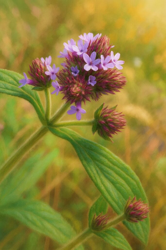 日本の秋に咲くヤナギハナガサを描いた植物イラスト。赤紫色の蕾と淡い紫の小花をリアルに描き、柔らかな光と自然背景で表現した写実的な作品。