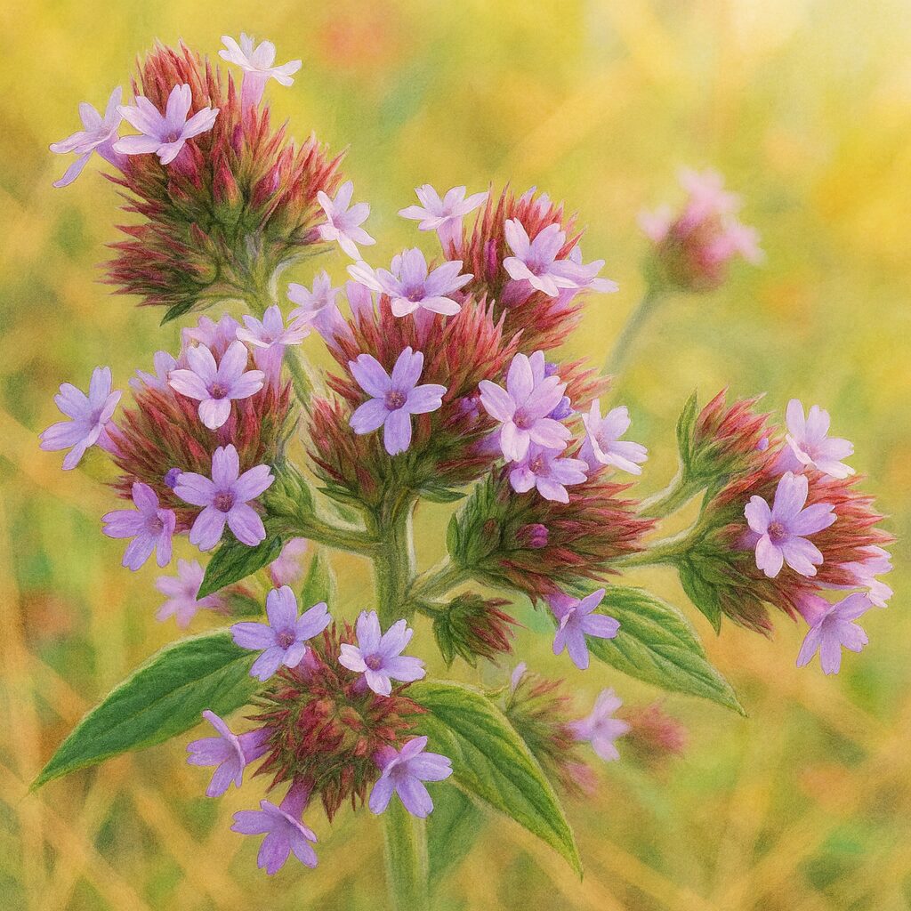 日本の秋に咲くヤナギハナガサを描いた植物イラスト。淡い紫色の小花と赤紫色の蕾を繊細に描き、柔らかな自然光の中でリアルに表現した構図。