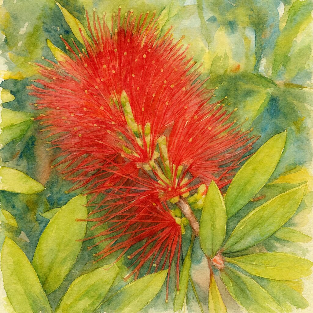 赤いブラシノキの花を水彩画風に描いたイラスト｜細い赤い雄しべと緑の葉が柔らかいタッチで表現された作品