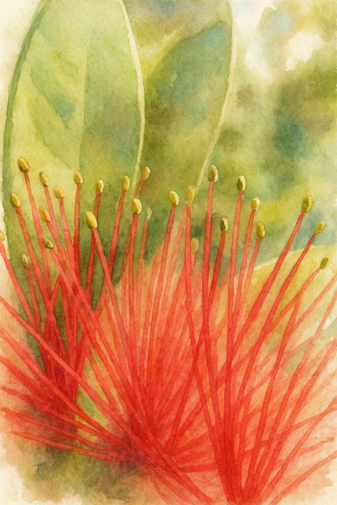 赤いブラシノキの雄しべを水彩画風に描いたイラスト｜細く伸びる赤い花糸と淡い緑の背景が柔らかいタッチで表現された作品