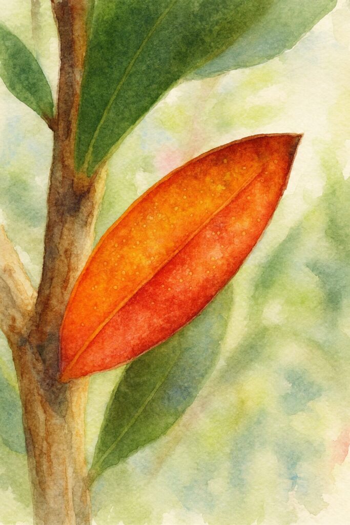 赤く色づいたブラシノキの葉を水彩画風に描いたイラスト｜暖色の葉と柔らかな背景が調和するアート作品