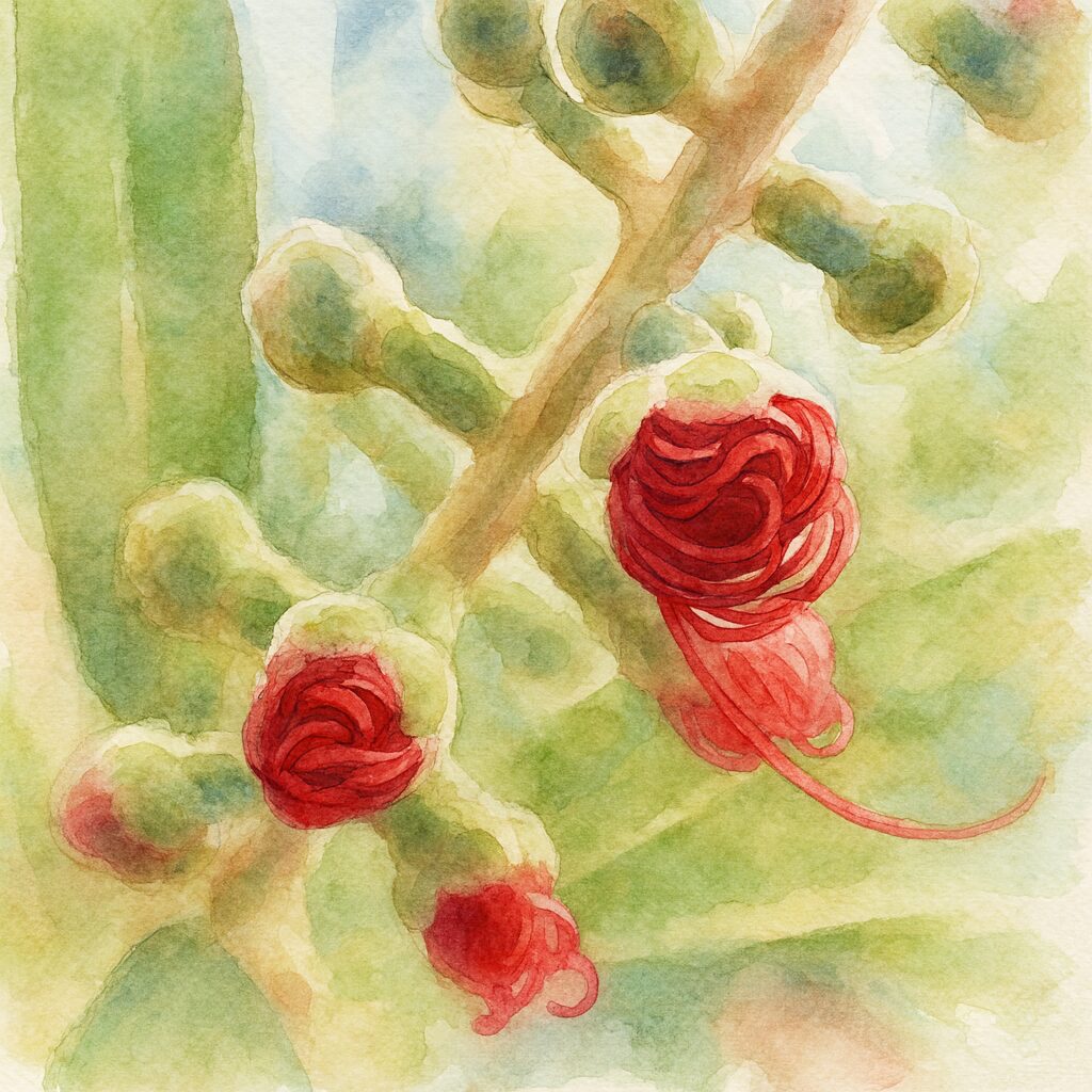 ブラシノキの渦巻く赤い蕾を水彩画風に描いたイラスト｜柔らかな筆致で表現された若い花芽と緑背景のアート作品