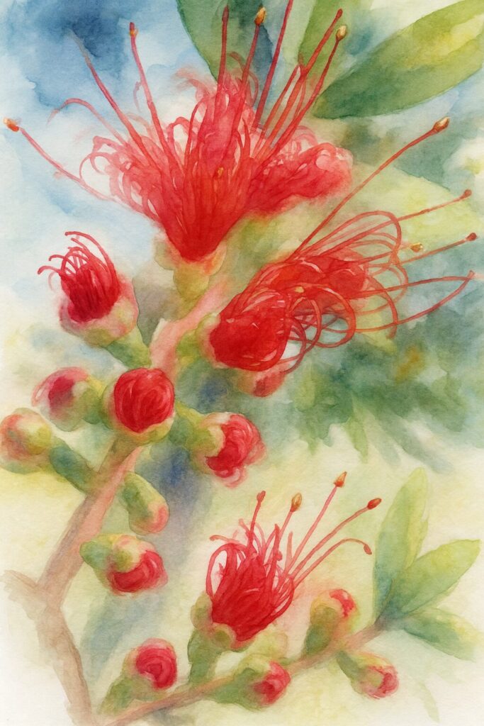 開花途中のブラシノキの赤い花と蕾を水彩画風に描いたイラスト｜細い赤い花糸と柔らかな色彩で表現された植物アート