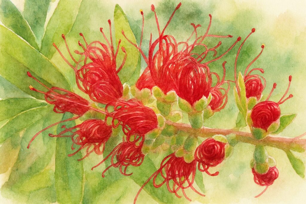 開花途中のブラシノキの赤い花を水彩画風に描いたイラスト｜ほどける花糸と柔らかな緑背景が調和する植物アート